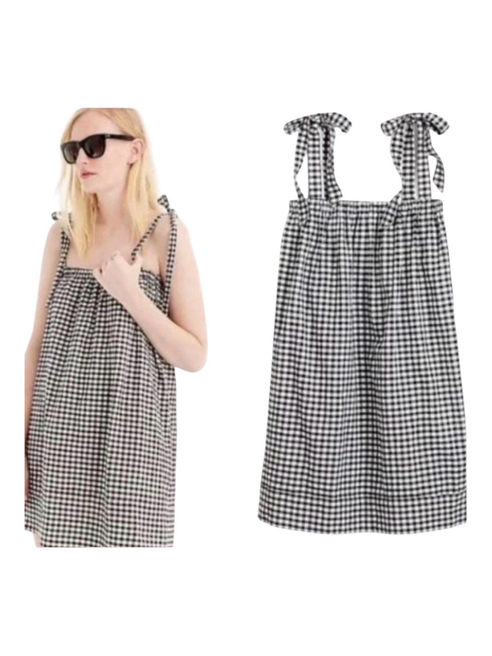 J Crew black white gingham check top tunic, tie straps, sz small Elastic smocked